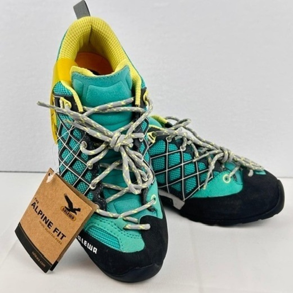 Salewa Wildfire Womens Hiking Shoes Teal Yellow Vibram Approach Alpine Fit NWT